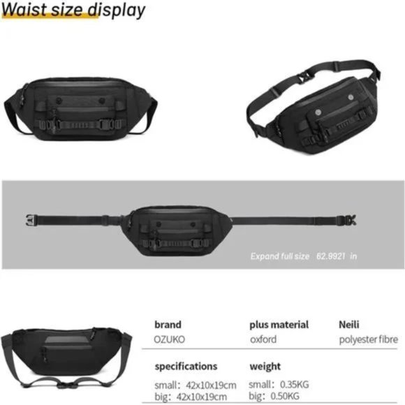 New Waterproof Chest Bag Casual for Walking Hiking Travel Black Large - Picture 5 of 7